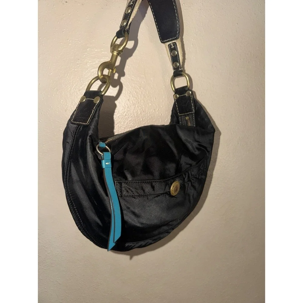 Coach Hampton Black Hobo Shoulder Bag Nylon Black Stitching  With Teal Lining